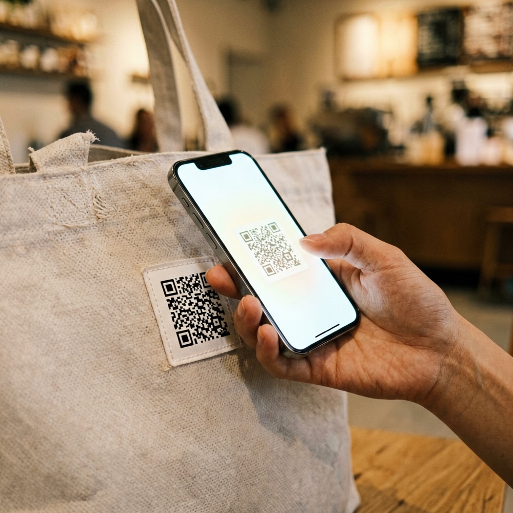 手機掃描提袋上的智慧 QR